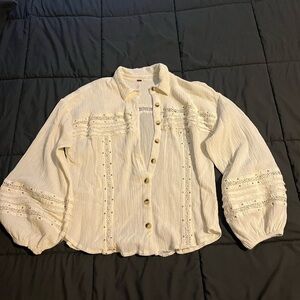 Free People Cream Button-Up Blouse with Lace Details